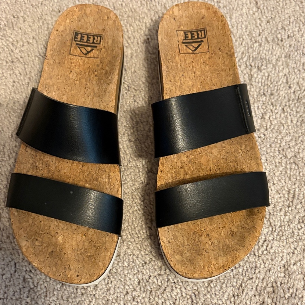 Reef Black Double Strap Cork Slide Sandals